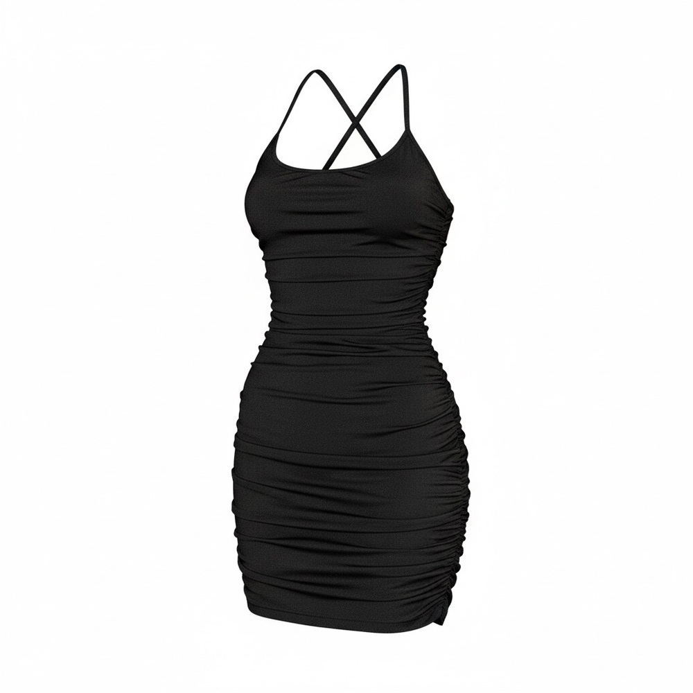 Source Unknown Black Ruched Mini Dress with Crisscross Straps
